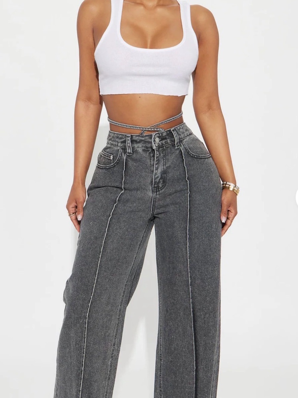 Lace up High-Waist Wide-Leg Jeans